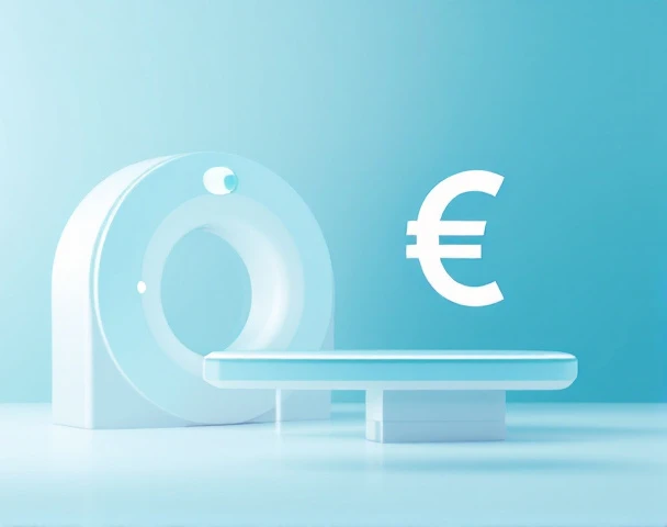 Minimalistinen MRI-skanneri valkoisilla ääriviivoilla sinisellä taustalla, yhdistettynä läpinäkyvään eurosymboliin ohuella viivalla kuvastaa hinnoittelua.