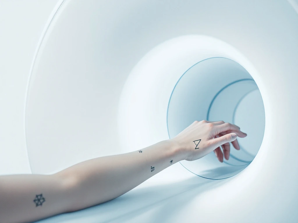 Moderni MRI-skanneri, johon tattovoitu käsivarsi siirtymässä. Minimalistinen tyyli valkoisella taustalla, sinisen ja mustan sävyt korostavat kliinistä tunnelmaa.