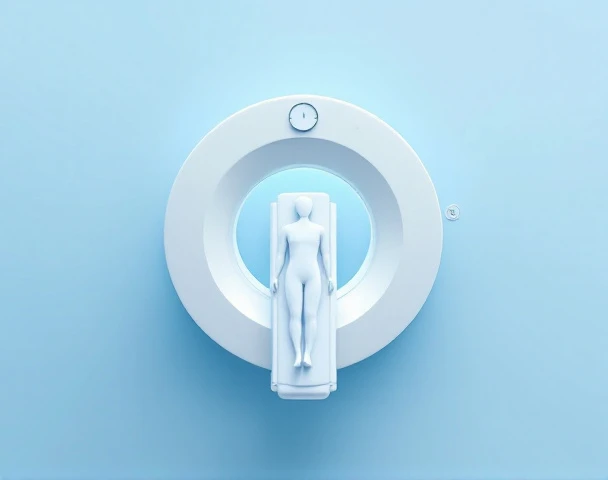 Minimalistinen MRI-skanneri valkoisella värillä sinistä taustaa vasten. Ihmishahmo makaa rauhallisesti skannerin pöydällä, kellokuvake viittaa odotusaikaan.