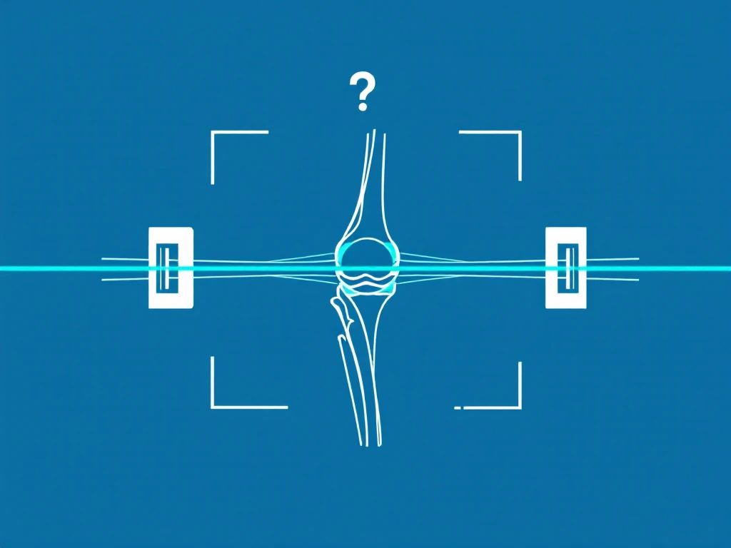 Minimalistinen polvinivelen magneettikuvausvisualisointi sinisellä taustalla, jossa teal-värinen skannauslinja ja geometriset muodot kuvaavat MRI-laitteistoa ja hienovarainen kysymysmerkki.