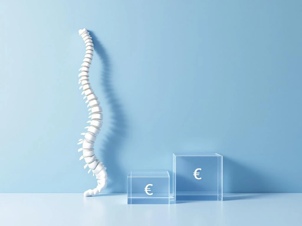 Tyylitelty selkärangan silhuetti sinisellä taustalla kolmen läpinäkyvän hintatason kanssa, joista pienimmässä eurosymboli. Minimalistinen terveydenhuollon hinnoittelukuva.