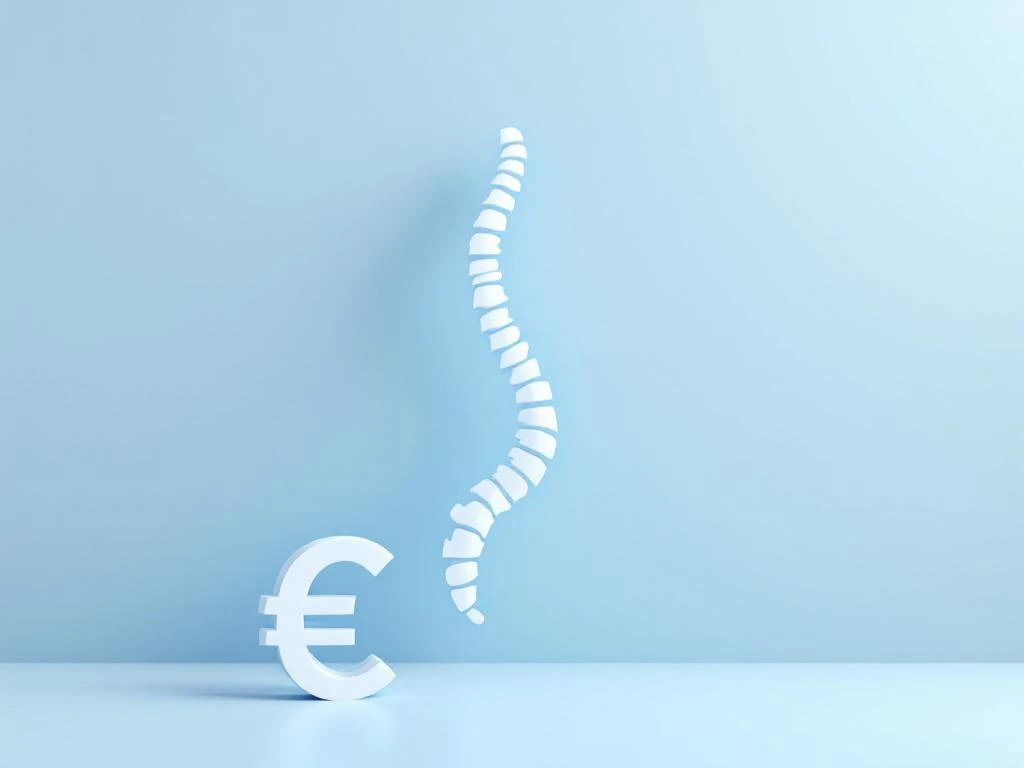 Minimalistinen valkoinen selkärangan siluetti vaaleansinisellä taustalla ja pieni eurosymboli, viitaten lääketieteellisiin kustannuksiin.